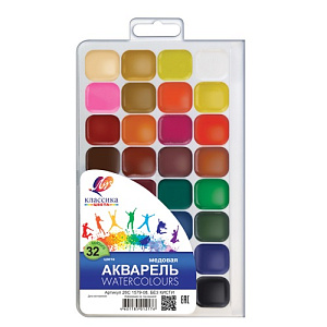 акварель 32цв классика пласт.коробка, б/к 26с1579-08 (крышка) /луч